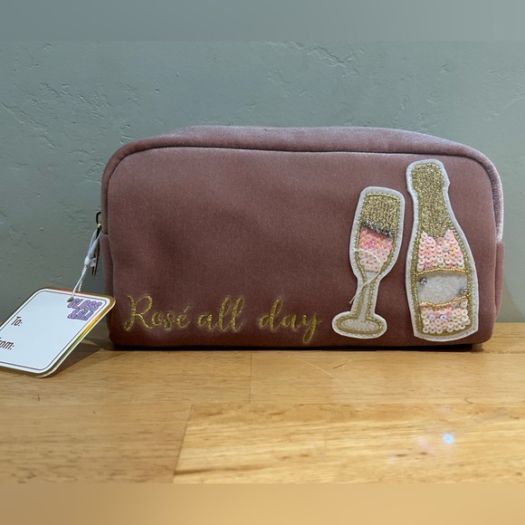 Gloss & Glo “Rose All Day” Pink Velvet Cosmetic Bag With Gold Sequin Accents - Picture 3 of 9